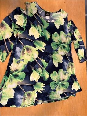 Jostar ~ Neon Green Navy Blue Floral Cold-Shoulder Blouse Shirt